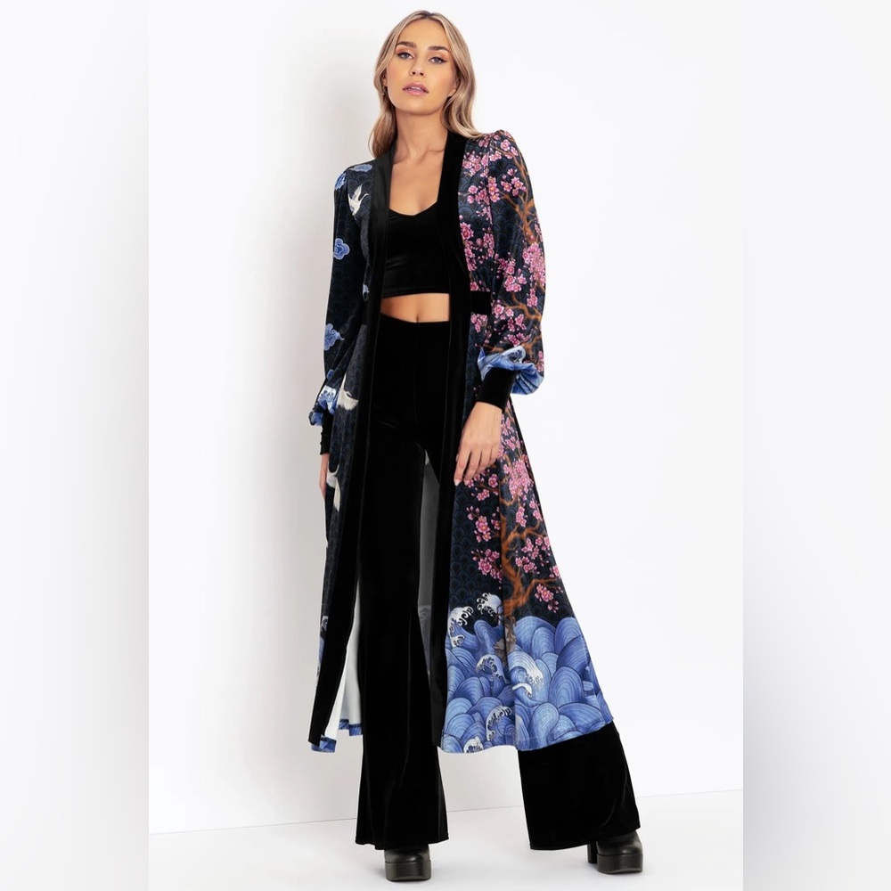 BlackMilk Clothing Flight of Tsuru Velvet Maxi Jacket - Limited Size Medium
